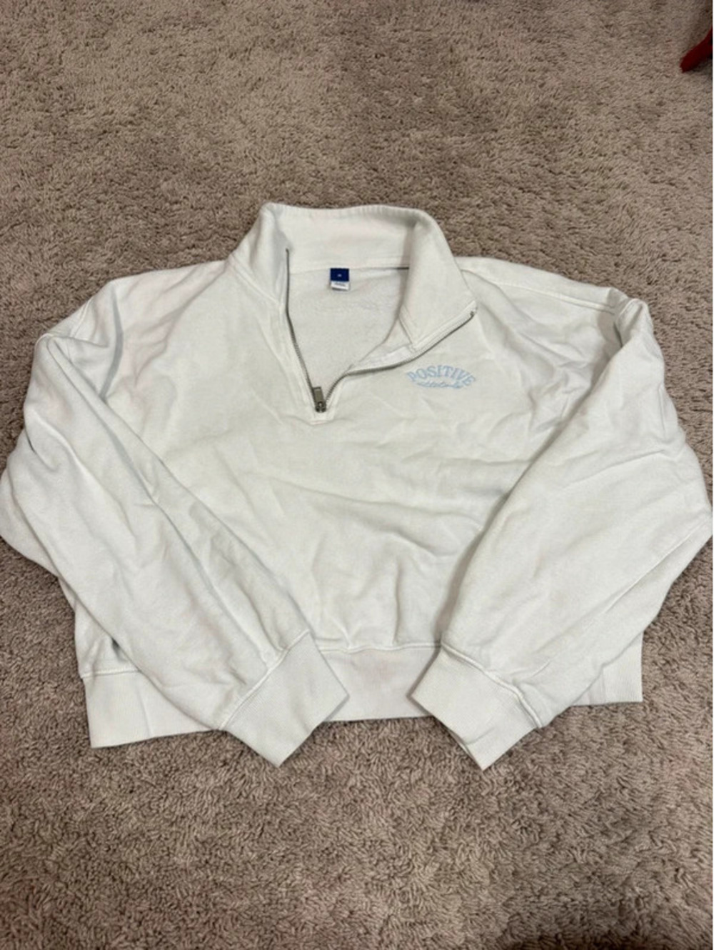 Old Navy Positive Attitude Cropped Quarter Zip Sweatshirt White Blue Size M